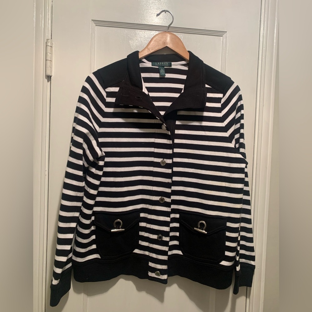 Lauren Ralph Lauren Striped Nautical Coastal Silver Toned Button Knit Jacket L